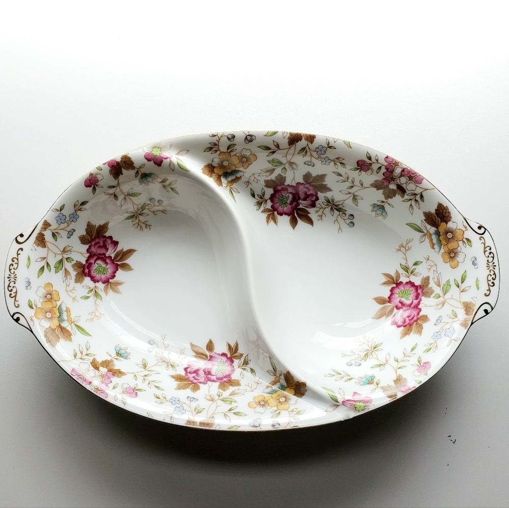 Sango Oval Floral Divided Dish Fine China Carlton Cottagecore Grandmacore
